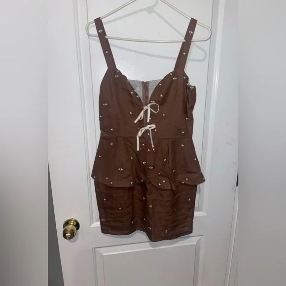 New Fanm Mon Helaina Floral Embroidered Bow Sweetheart Mini Dress🤎Small NWT!